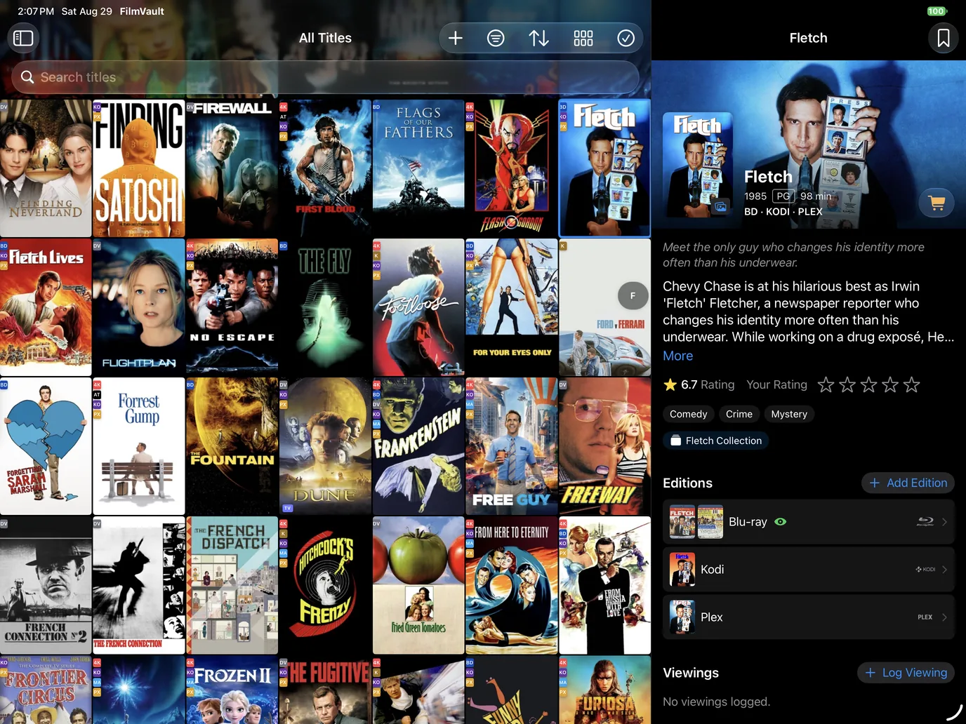 FilmVault on iPad in Wall view: a dense grid of movie covers beside the detail page for Fletch, with Blu-ray, Kodi and Plex editions listed.