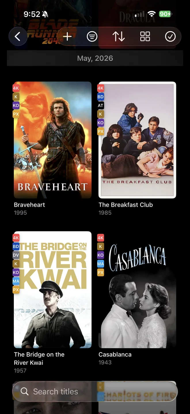 FilmVault on iPhone showing Braveheart, The Breakfast Club, The Bridge on the River Kwai and Casablanca, each with format chips down the left edge.