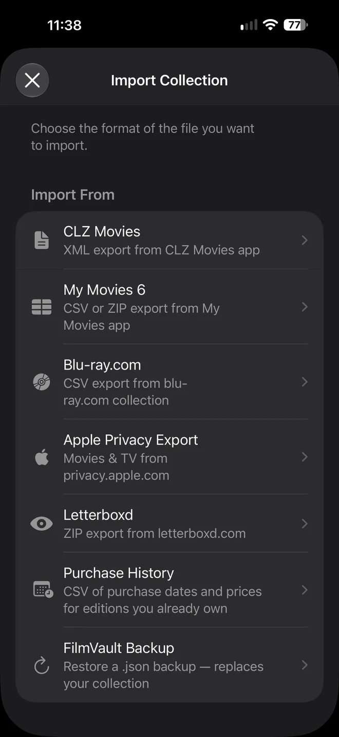FilmVault's Import Collection screen listing CLZ Movies, My Movies, Blu-ray.com, Apple Privacy Export, Letterboxd, Purchase History and FilmVault Backup.
