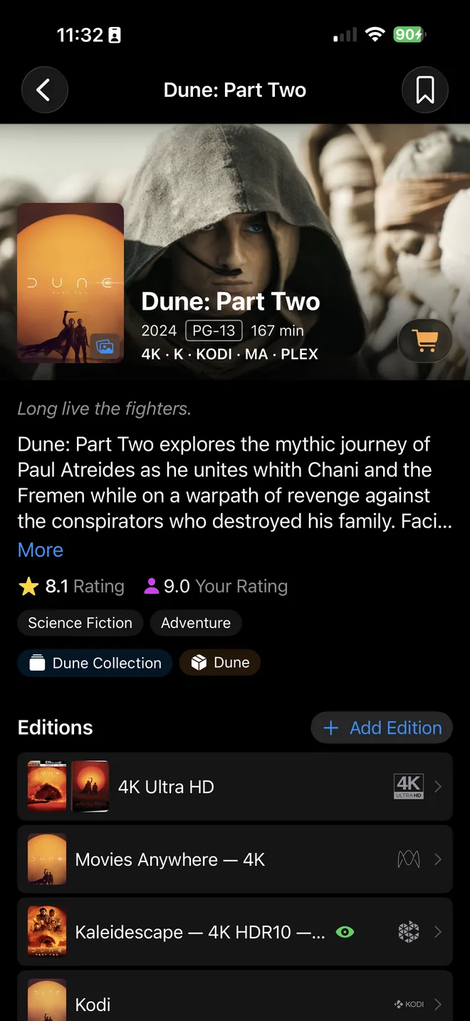 Dune: Part Two in FilmVault with 4K Ultra HD, Movies Anywhere, Kaleidescape and Kodi editions.