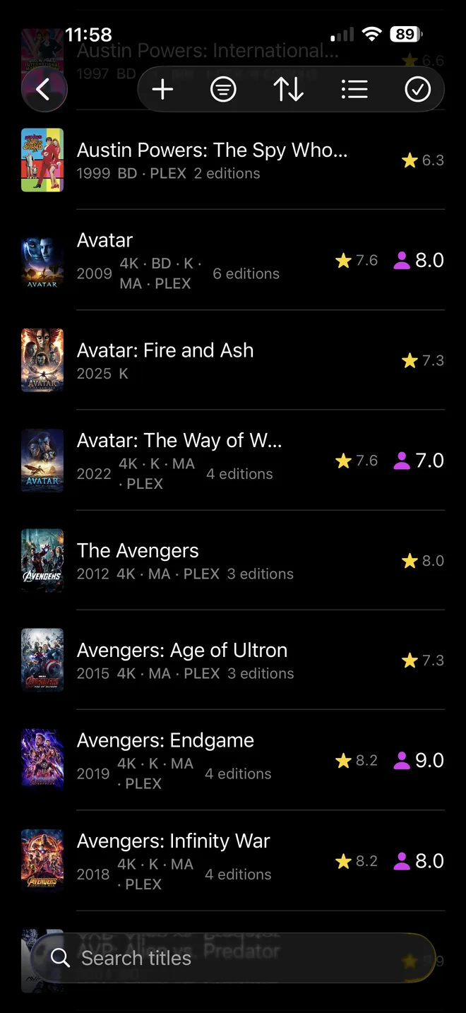 A FilmVault list of Avatar and Avengers films with community ratings, personal ratings and edition counts.