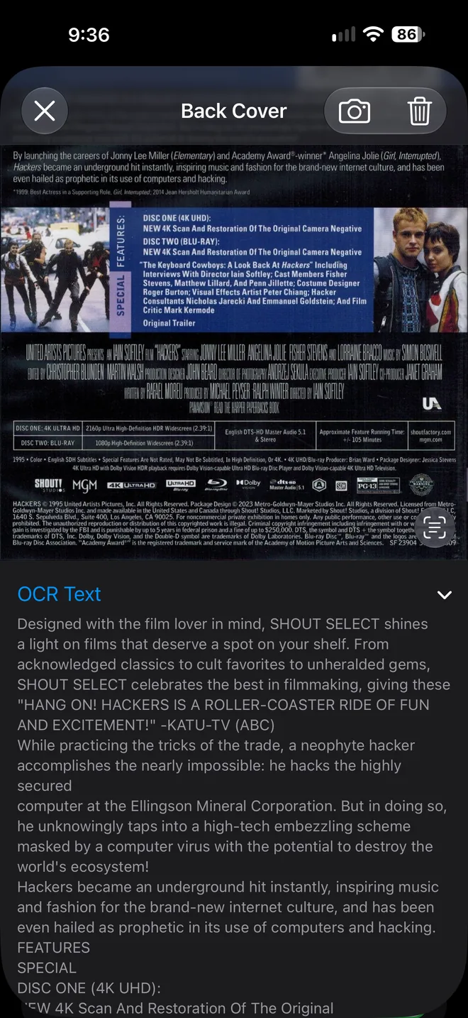 A photographed back cover in FilmVault with the recognized text beneath it.