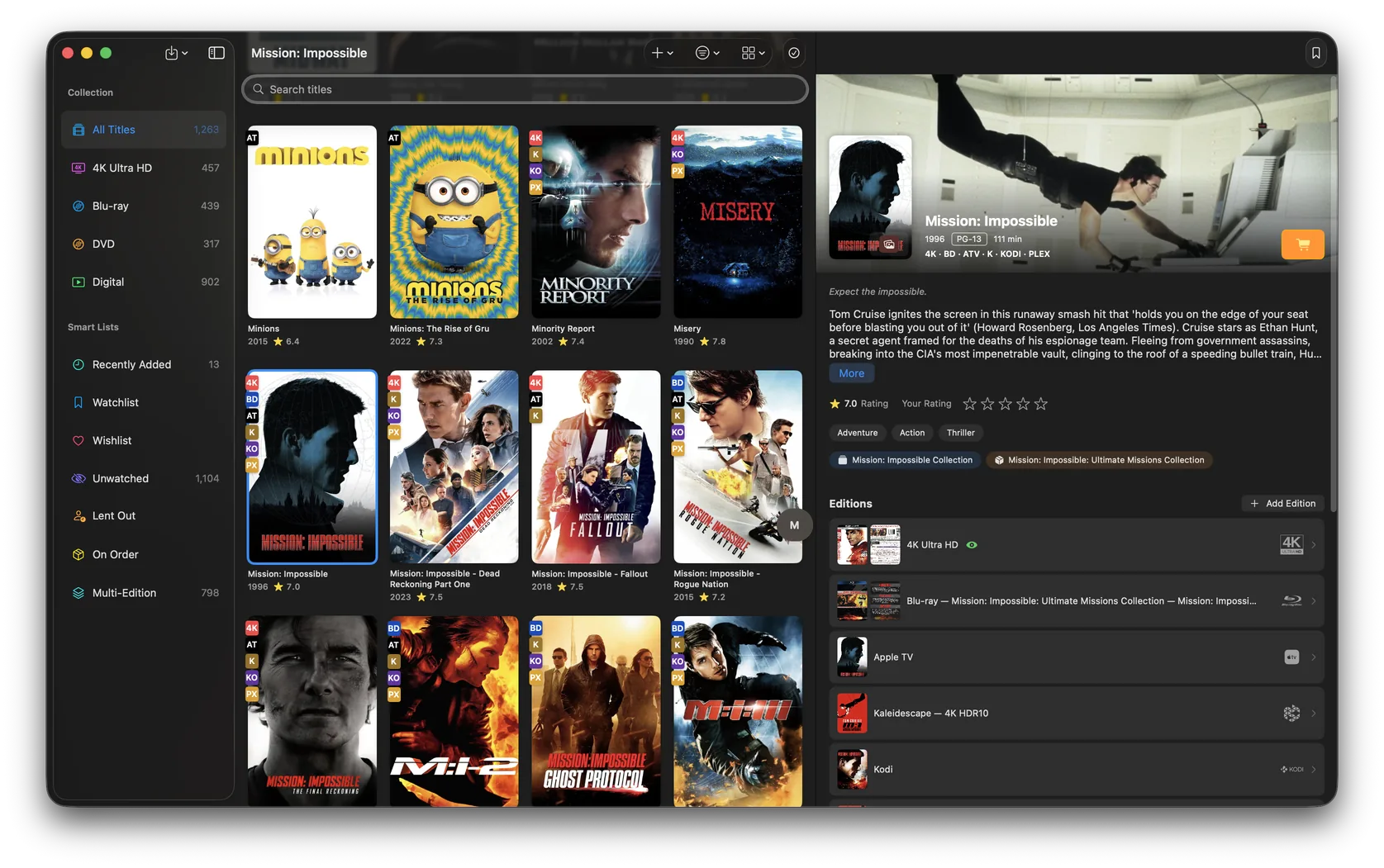 FilmVault on Mac in Grid view: the Mission: Impossible films with format chips, and the detail page listing 4K Ultra HD, Blu-ray, Apple TV, Kaleidescape and Kodi editions.