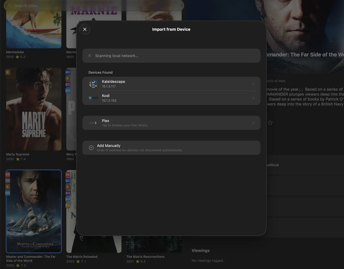 FilmVault on Mac with the Import from Device sheet open, listing a Kaleidescape and a Kodi server found on the local network, plus Plex.