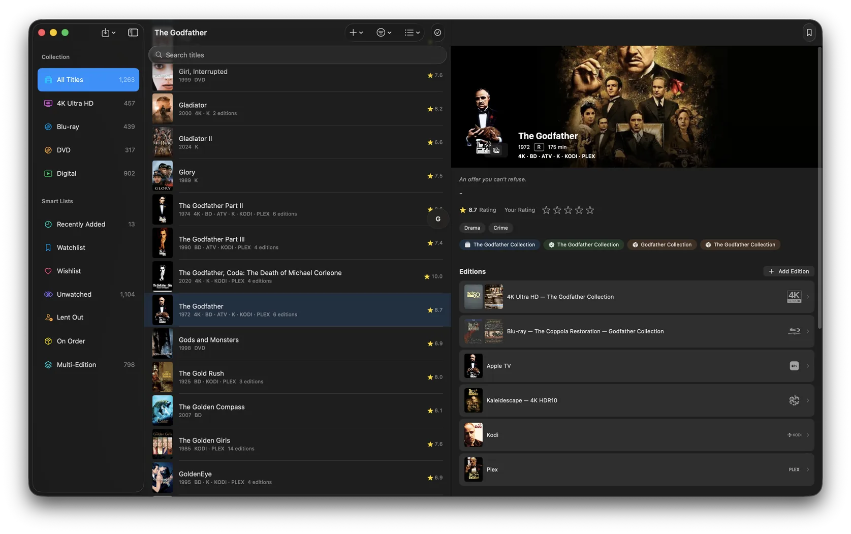 FilmVault on Mac in List view: The Godfather films with year, formats and edition counts, and The Godfather detail page listing six editions.