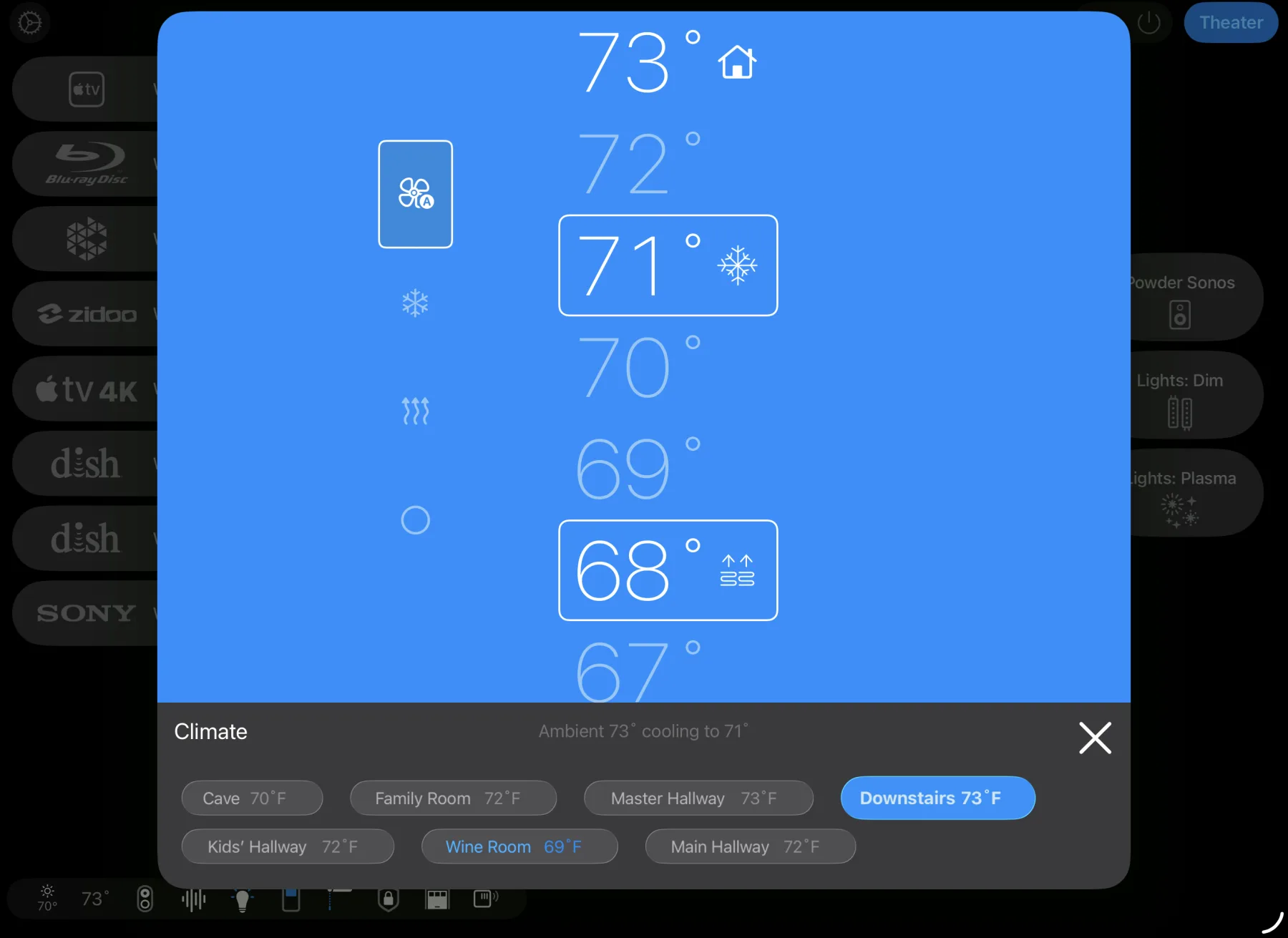 Climate control view showing thermostat zones