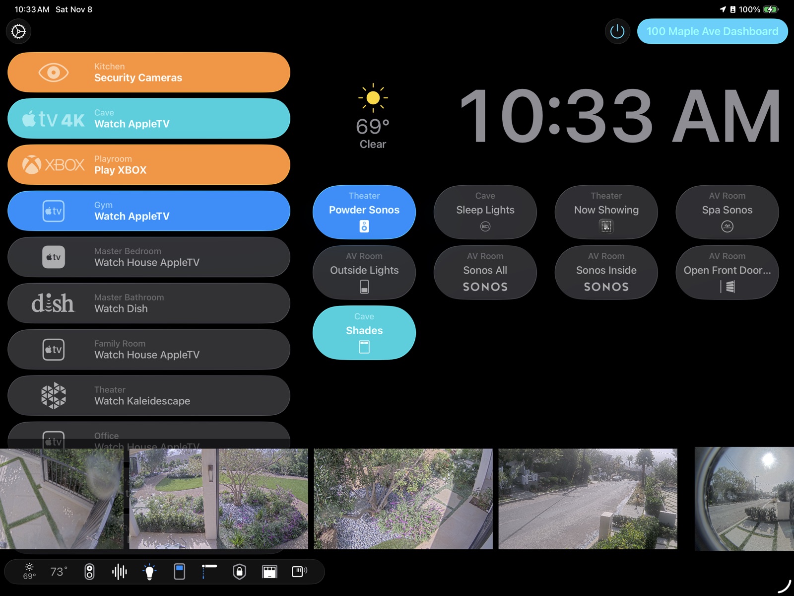 Roomie Remote dashboard on iPad: one-touch activities for every room, Sonos groups, security camera feeds, shades, lighting, and weather in a single view