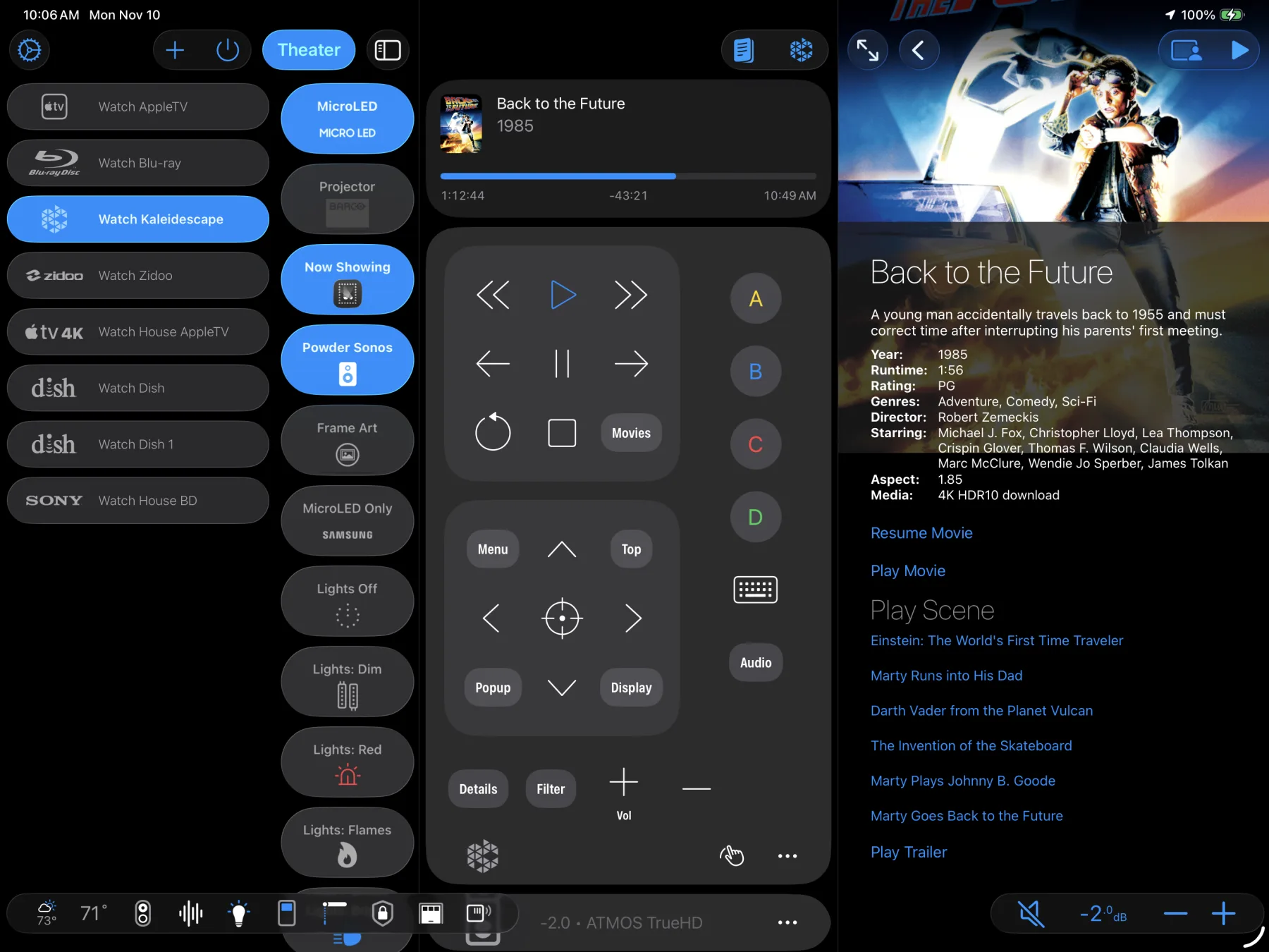 Roomie Remote X Three Up Layout on iPad showing Activities, Remote, and Media Guide panels