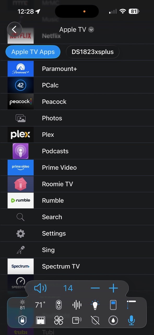 Roomie Remote's Media Guide on iPhone listing the Apple TV's installed apps with icons — Netflix, Paramount+, Peacock, Plex, Prime Video, and more — each launchable with a tap, with a Plex server library tab beside them