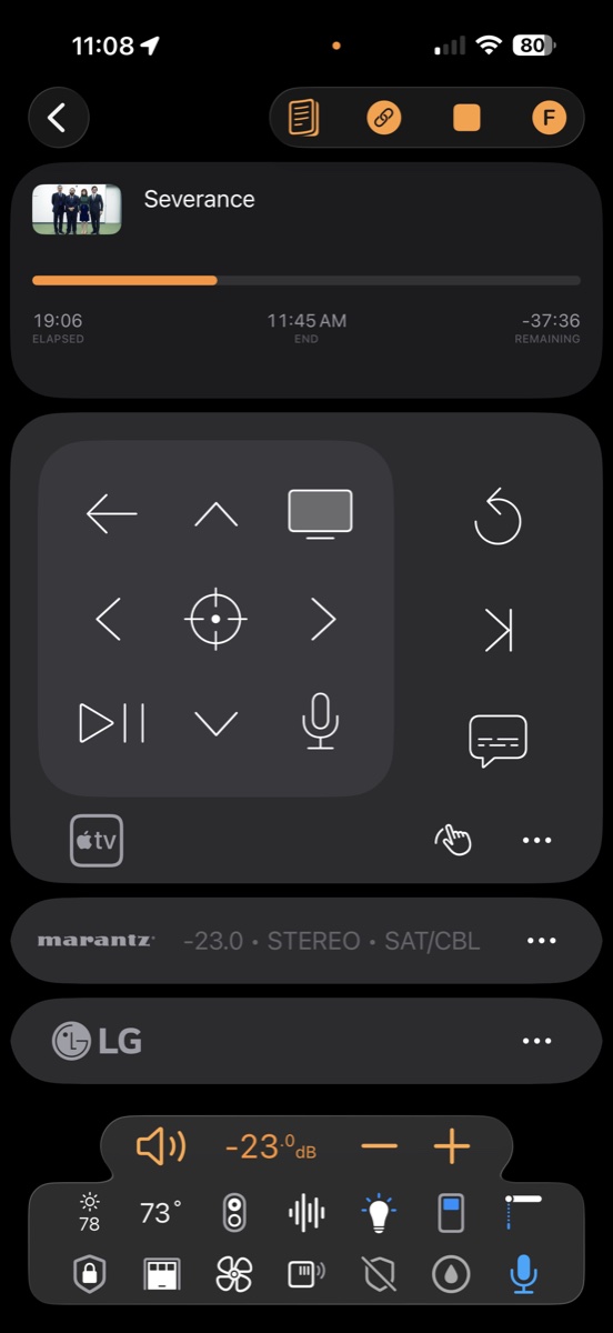 Roomie Remote on iPhone controlling an Apple TV playing Severance: live progress bar with elapsed and remaining time, full directional pad with Siri microphone button, and live Marantz receiver feedback showing -23.0 dB, stereo mode, and current input
