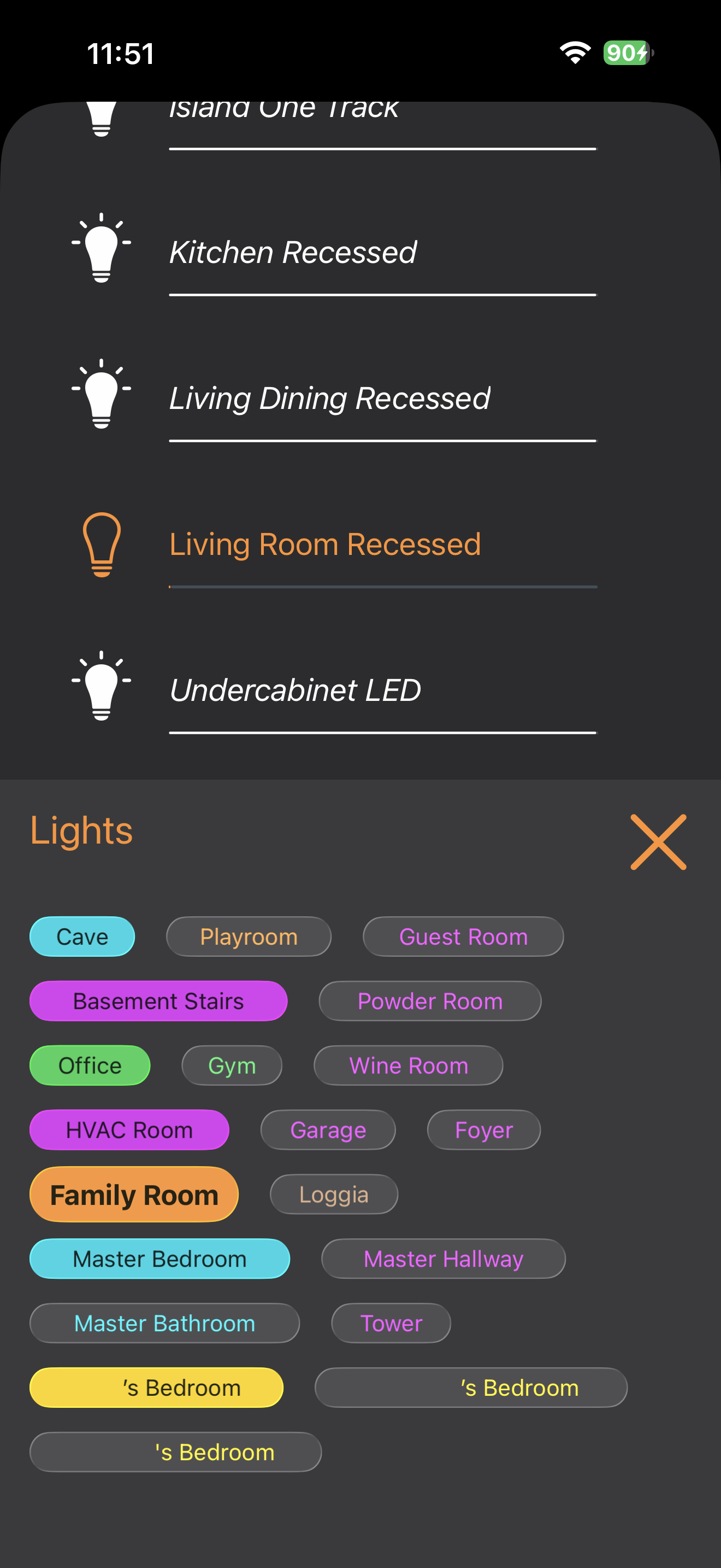 Whole-house lighting control by room