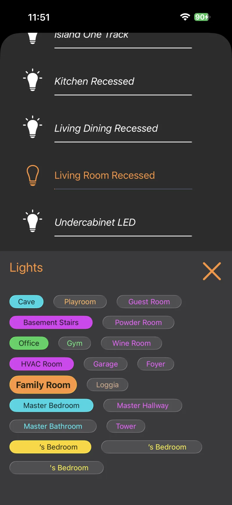 Whole-house lighting control by room