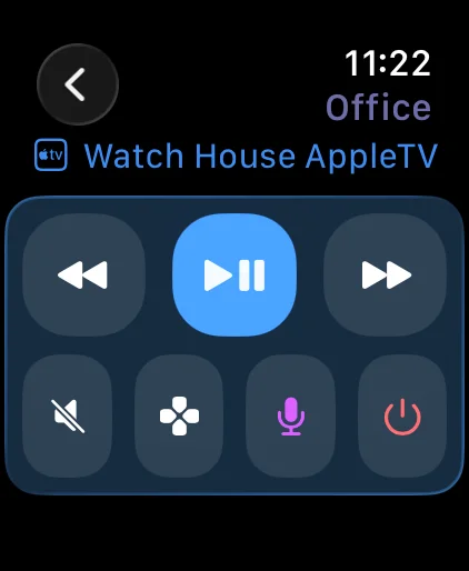 Roomie on Apple Watch: transport, mute, and power buttons for the office Apple TV